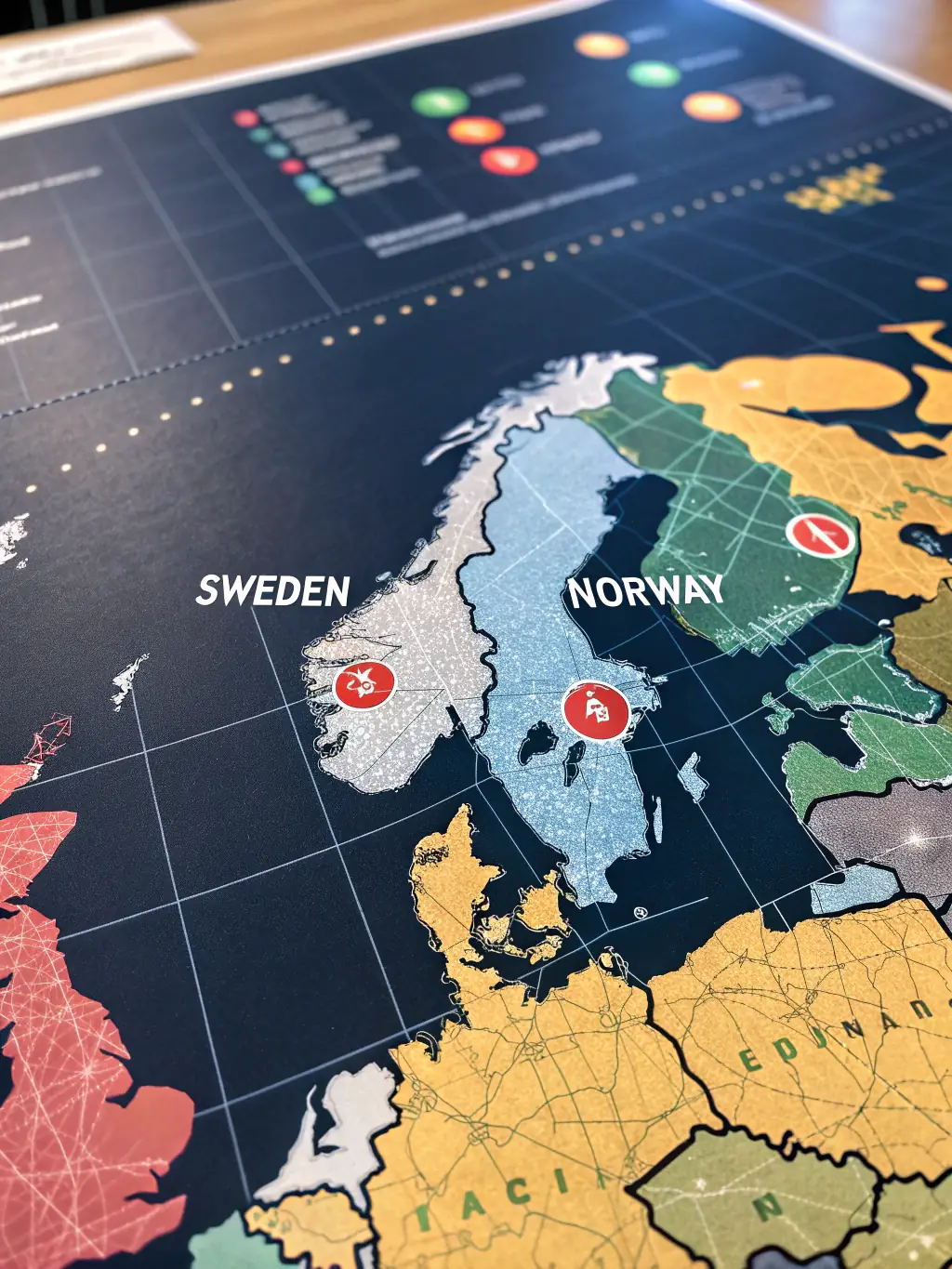 A map highlighting Sweden and Norway with data overlays and market indicators, illustrating BF Research's local market analysis expertise.
