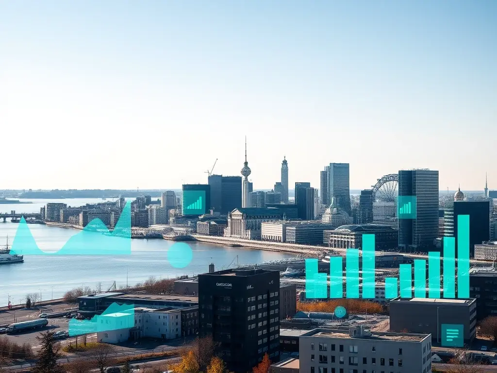 A cityscape of Helsinki, Finland, with data charts overlaying the image, representing consumer behavior insights.