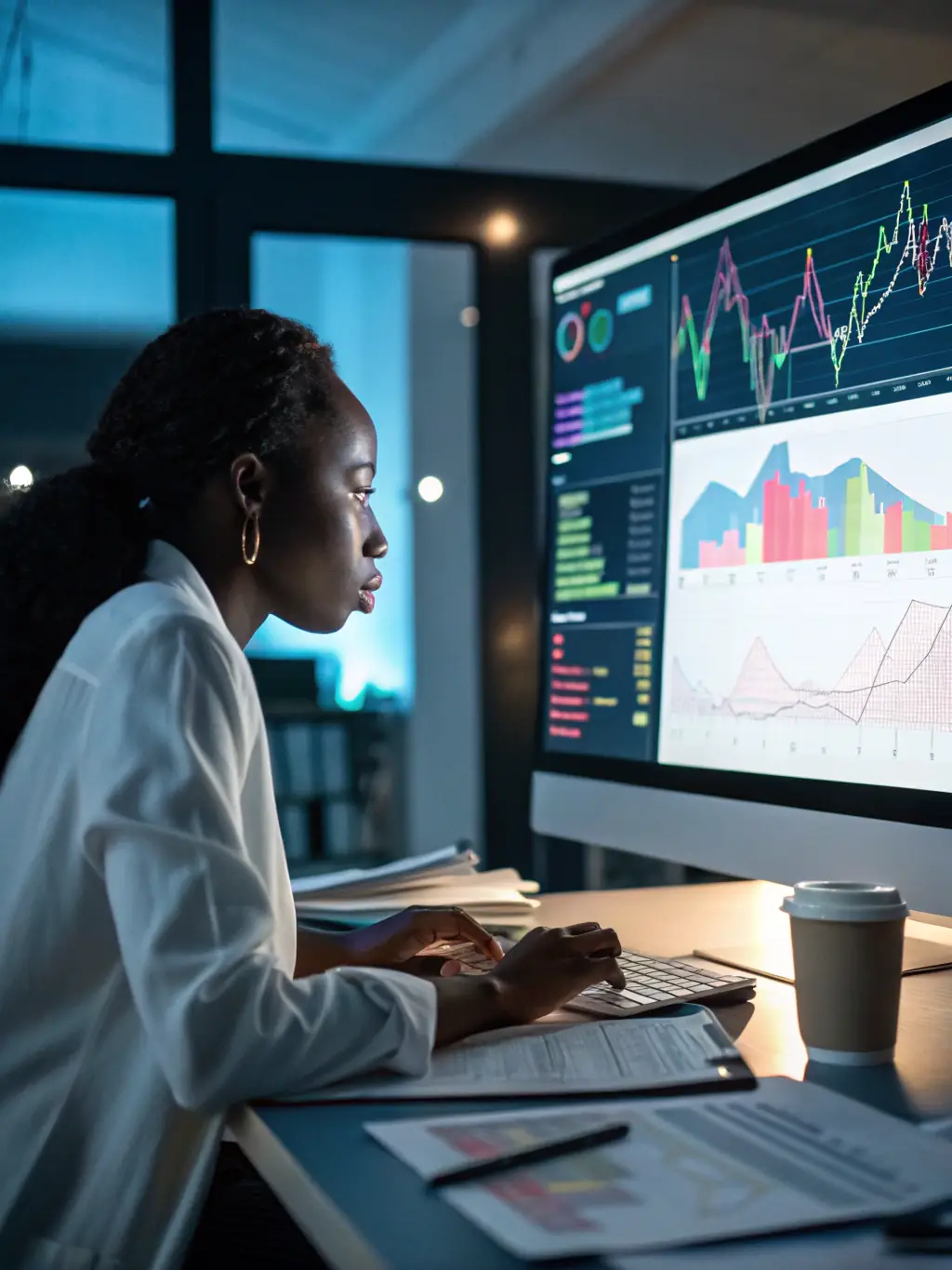 An image of a researcher analyzing data charts on a computer screen with market graphs, representing BF Research's market research services.
