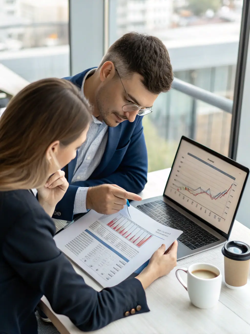 A consultant presenting data-driven strategies to a client using visual charts and reports, showcasing BF Research's strategic insights services.