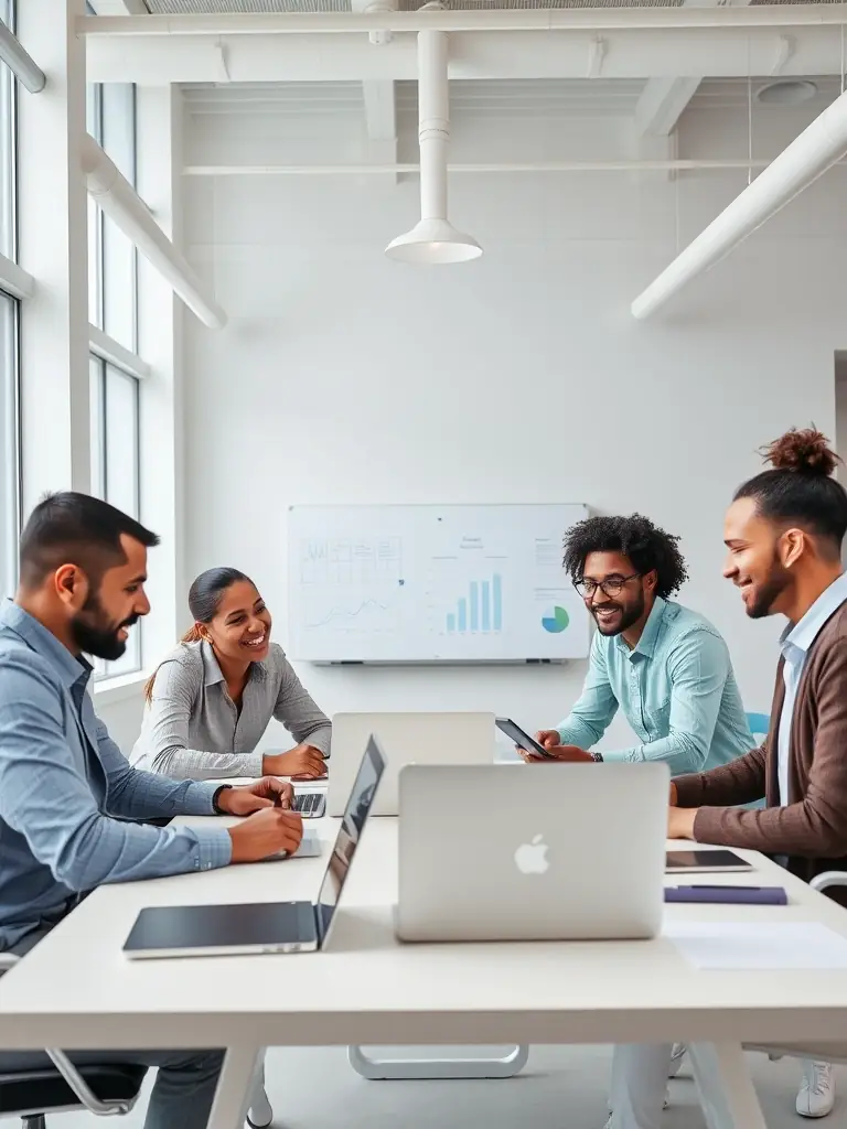 A diverse team of analysts at BF Research collaborating on a market analysis report, showcasing their expertise in understanding Nordic consumer behavior.
