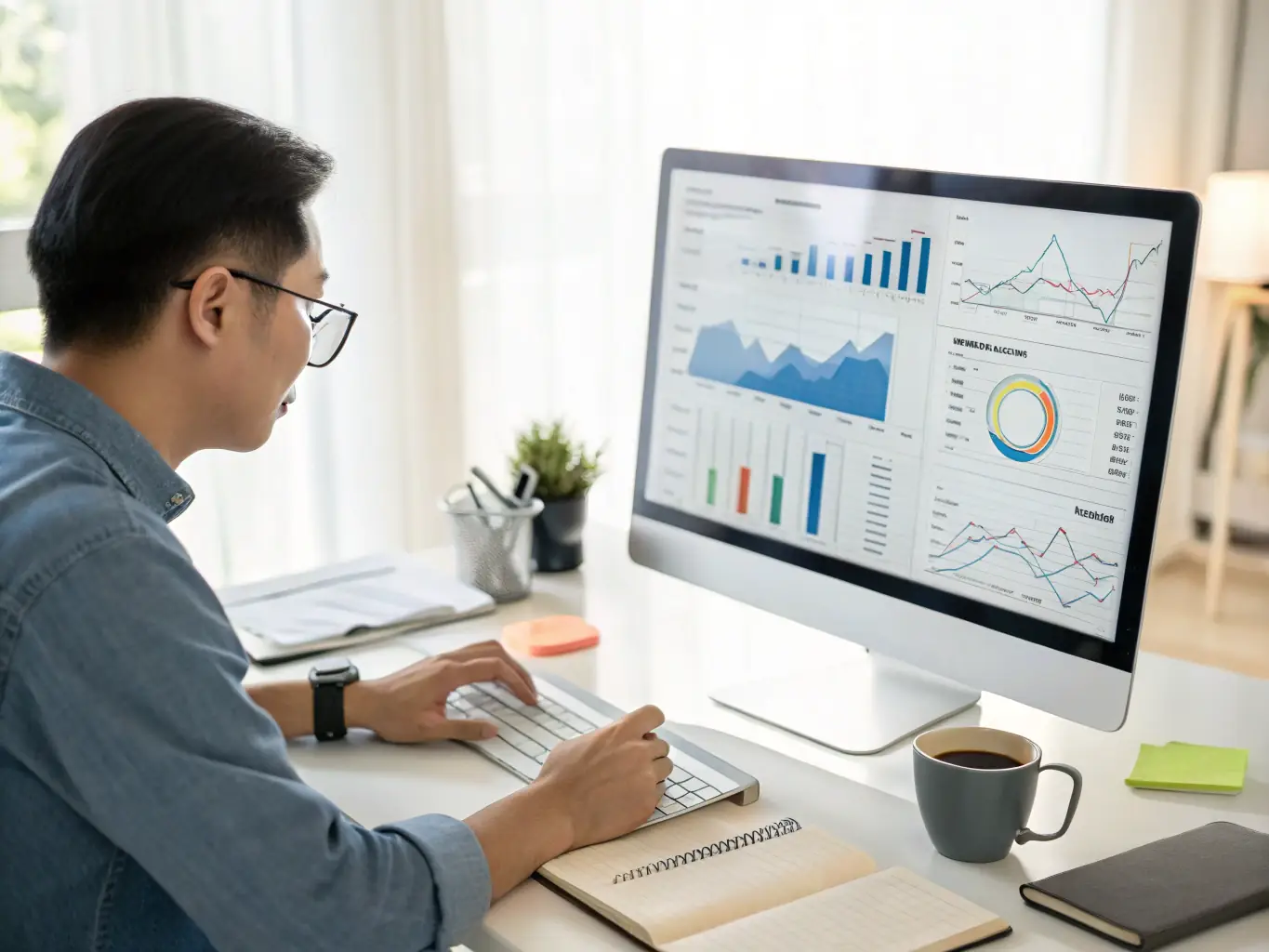 A researcher analyzing market data on a computer screen, with charts and graphs illustrating key trends in the Swedish retail market.